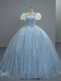 Cute A-Line Puff Sleeves Tulle Sequin Long Prom Dress, Blue Quinceanera Dresses Sweet 16 Dress HZ1121
