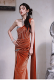 Gorgeous One-shoulder Sheath Velvet Long Prom Dresses, Orange Formal Evening Gowns with Slit HZ1121