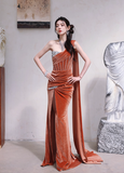 Gorgeous One-shoulder Sheath Velvet Long Prom Dresses, Orange Formal Evening Gowns with Slit HZ1121
