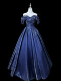 Gorgeous A-Line Off Shoulder Satin Dark Blue Long Prom Dress, Dark Blue Long Formal Dress HZ1121