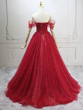 Elegant Off-Shoulder A-Line Tulle Long Prom Dresses, Burgundy Formal Evening Dresses HZ1121