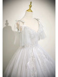 Cute V neck A-Line Tulle Long Prom Dresses, White Sweet 16 Dresses HZ1121