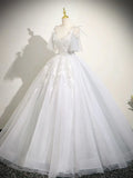 Cute V neck A-Line Tulle Long Prom Dresses, White Sweet 16 Dresses HZ1121