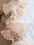 Gorgeous Off-the-shoulder A-Line Tulle Short Prom Dresses, White Homecoming Dresses HZ1121