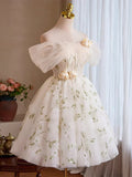 Gorgeous Off-the-shoulder A-Line Tulle Short Prom Dresses, White Homecoming Dresses HZ1121