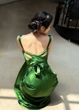 Elegant V-neck Sheath Satin Prom Dresses Dark Green Formal Dresses HZ1121