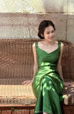 Elegant V-neck Sheath Satin Prom Dresses Dark Green Formal Dresses HZ1121