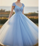 Elegant V-neck A-line Long Prom Dresses Grey Blue Long Formal Dresses HZ1121