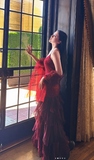 Retro Spaghetti Strap Sheath Long Prom Dresses With Beaded Burgundy Long Formal Dresses HZ1121