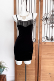 Sexy Black Tight Hoco Dresses, Velvet Spaghetti Straps Short Prom Dresses Birthday Dresses with Tassels HZ1121