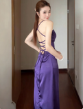 Sexy Spaghetti Strap Sheath Open Back Prom Dresses Satin Purple Formal Dresses with Slits HZ1121