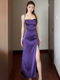 Sexy Spaghetti Strap Sheath Open Back Prom Dresses Satin Purple Formal Dresses with Slits HZ1121