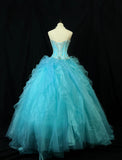 Fairy Sweetheart Ball Gown Tulle Rhinestone Long Prom Dresses Blue Quinceanera Dresses Sweet 16 Dresses HZ1121