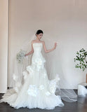 Timeless Strapless Mermaid Tulle Simple Wedding Dresses Sleeveless Ivory Bridal Gowns with Pleats HZ1121