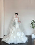 Timeless Strapless Mermaid Tulle Simple Wedding Dresses Sleeveless Ivory Bridal Gowns with Pleats HZ1121