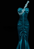 Chic One Shoulder Mermaid Wedding Guest Dress, Satin Dark Teal Long Prom Dresses HZ1121