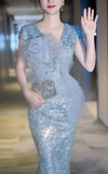 Glitter V neck Mermaid Mother of the Bride Dresses, Sequined Tulle Blue Evening Dresses HZ1121