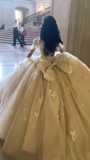 Gorgeous Off-the-Shoulder Ball Gowns Champagne Tulle Sequins Long Quinceanera Dress Formal Gowns Vestido De 15 Anos Sweet 16 Dress HZ1121