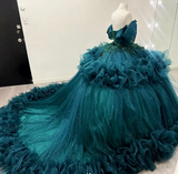 Cute Off Shoulder Ball Gowns Jade Tulle Long Quinceanera Dress Formal Gowns Vestido De 15 Anos Sweet 16 Dress HZ1121