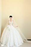 Modest Off-the-shoulder Ball Gown Luxury Wedding Dresses, Lace Applique White Bridal Gowns Long Sleeve Bridal Dresses HZ1121