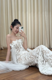 Modest Strapless Sheath Luxury Wedding Dresses Tulle Applique White Bridal Gowns Sleeveless Bridal Dresses HZ1121