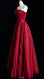 Gorgeous Strapless A-Line Long Prom Dresses Tulle Pleated Sleeveless Evening Dress Burgundy Formal Dresses HZ1121
