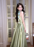 Gorgeous V-neck A-Line Long Prom Dresses Satin Sleeveless Formal Dresses Green Birthday Dresses HZ1121