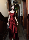 Gorgeous Sheath Long Prom Dresses Satin Sleeveless Formal Dresses Ruffle Burgundy Birthday Dresses HZ1121