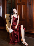 Gorgeous Sheath Long Prom Dresses Satin Sleeveless Formal Dresses Ruffle Burgundy Birthday Dresses HZ1121