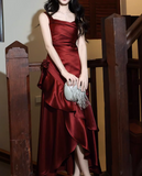 Gorgeous Sheath Long Prom Dresses Satin Sleeveless Formal Dresses Ruffle Burgundy Birthday Dresses HZ1121
