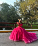 Cute Off-the-shoulder Ball Gown Tulle Long Prom Dresses Fuchsia Quinceanera Dresses estido De 15 Anos Sweet 16 Dress HZ1121