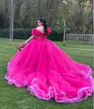 Cute Off-the-shoulder Ball Gown Tulle Long Prom Dresses Fuchsia Quinceanera Dresses estido De 15 Anos Sweet 16 Dress HZ1121