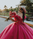 Cute Off-the-shoulder Ball Gown Tulle Long Prom Dresses Fuchsia Quinceanera Dresses estido De 15 Anos Sweet 16 Dress HZ1121