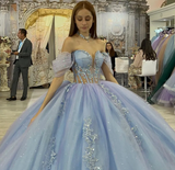 Fairy Off-the-shoulder Ball Gown Tulle Long Prom Dresses Blue Quinceanera Dresses estido De 15 Anos Sweet 16 Dress HZ1121