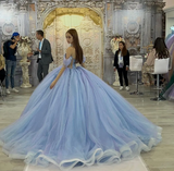 Fairy Off-the-shoulder Ball Gown Tulle Long Prom Dresses Blue Quinceanera Dresses estido De 15 Anos Sweet 16 Dress HZ1121