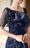Elegant Sheath Navy Blue Mother of the Bride Dress Tulle Sequins Evening Gown HZ1121