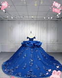 Gorgeous Off-the-Shoulder Ball Gown Tulle Applique Long Prom Dresses Royal Blue Quinceanera Dresses Sparkly Sweet 16 Dresses HZ1121