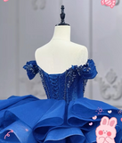 Gorgeous Off-the-Shoulder Ball Gown Tulle Applique Long Prom Dresses Royal Blue Quinceanera Dresses Sparkly Sweet 16 Dresses HZ1121