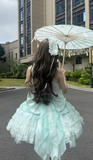 Cute Square Neck Ball Gown Chiffon Lace Short Prom Dresses Mint Green Birthday Outfit Sleeveless Lolita Dresses HZ1121