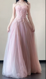 Gorgeous Strapless A-Line Long Prom Dresses Tulle Pink Sweet 16 Dresses HZ1121