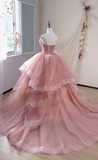 Gorgeous Strapless Ball Gown Tulle Applique Long Prom Dresses Pink Quinceanera Dress Sleeveless Sweet 16 Dresses HZ1121