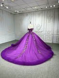Gorgeous Off-the-Shoulder Ball Gown Tulle Long Prom Dresses Beaded Purple Quinceanera Dresses Sweet 16 Dress HZ1121