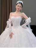 Modest Strapless A-Line Wedding Dresses Lace Beaded Applique White Bridal Gowns Sleeveless Bridal Dresses HZ1121
