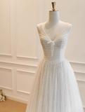 Elegant V-neck A-Line Long Wedding Dresses Lace White Bridal Gowns HZ1121