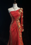 Elegant One Shoulder Sheath Long Evening Dresses Satin Red Prom Dresses HZ1121