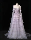Gorgeous Strapless A-Line Long Evening Dresses Tulle Beaded Light Purple Prom Dressess HZ1121