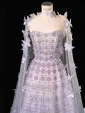 Gorgeous Strapless A-Line Long Evening Dresses Tulle Beaded Light Purple Prom Dressess HZ1121