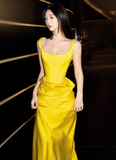 Glam Strap Sheath Long Prom Dresses Satin Yellow Evening Dresses HZ1121