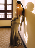 Glam Strapless Sheath Long Prom Dresses Satin Silver Grey Evening Dresses HZ1121