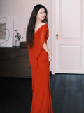 Chic Off-the-shoulder Sheath Long Prom Dresses Chiffon Wine Red Evening Dresses HZ1121